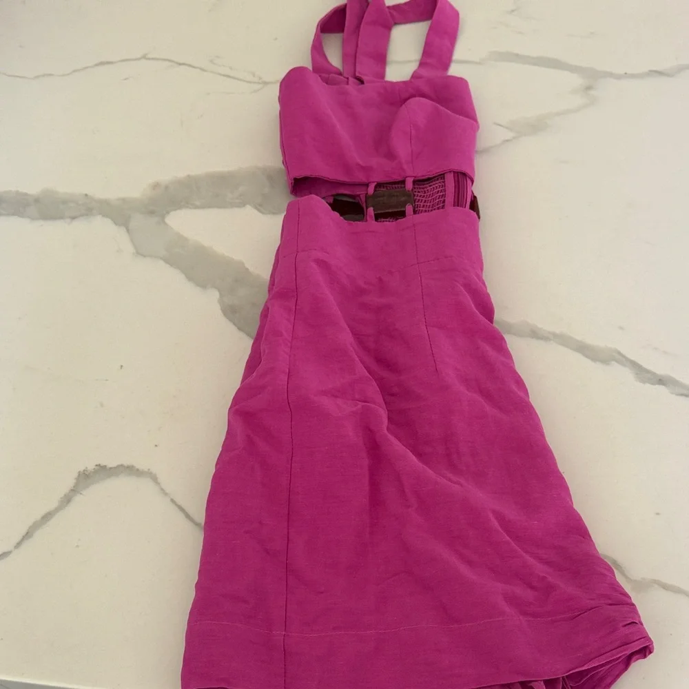 Bright Pink Women's Linen Blend Romper - Picture 6 of 6